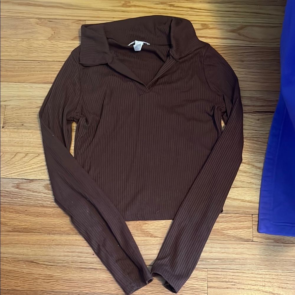 Brown Ribbed Long Sleeve Top